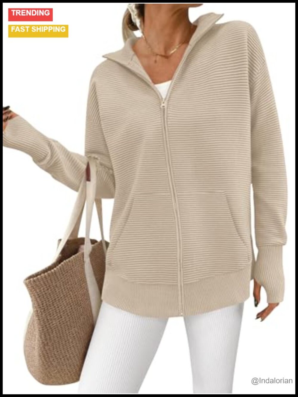 Ribbed Knit Zip Up Cardigan Sweater with Thumb Holes Kangaroo Pocket